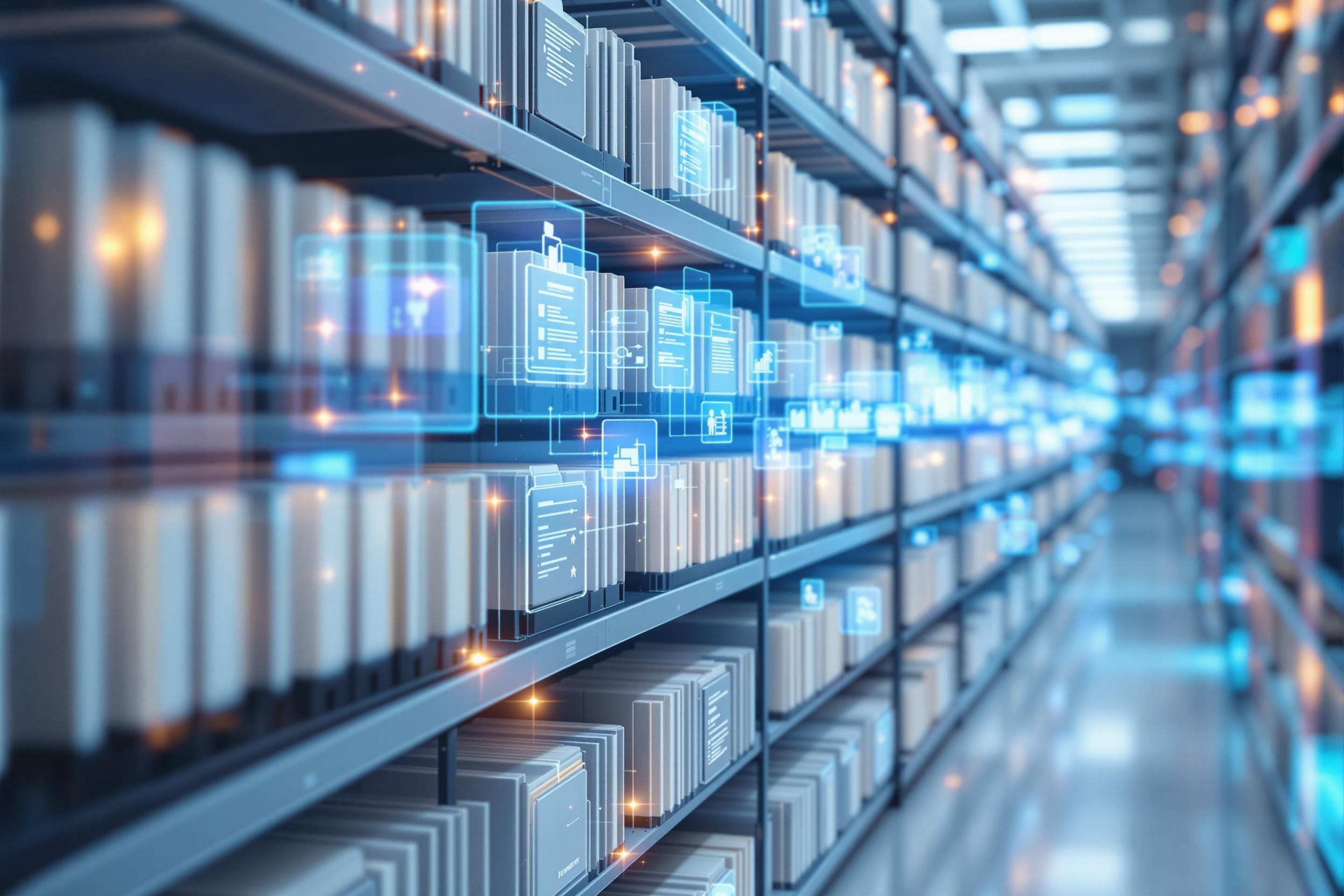 <p>Digitales Archiv zeigt futuristische Organisation und effiziente Datenverwaltung.</p>